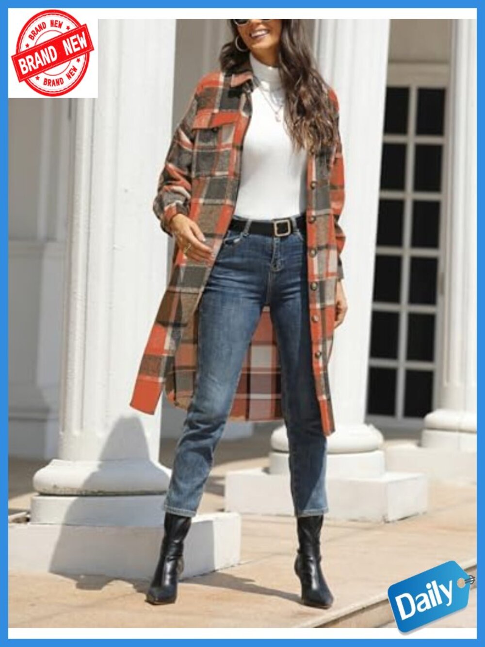 Tartan Plaid Button Up Long Shacket Coat with Pockets - Picture 4 of 6